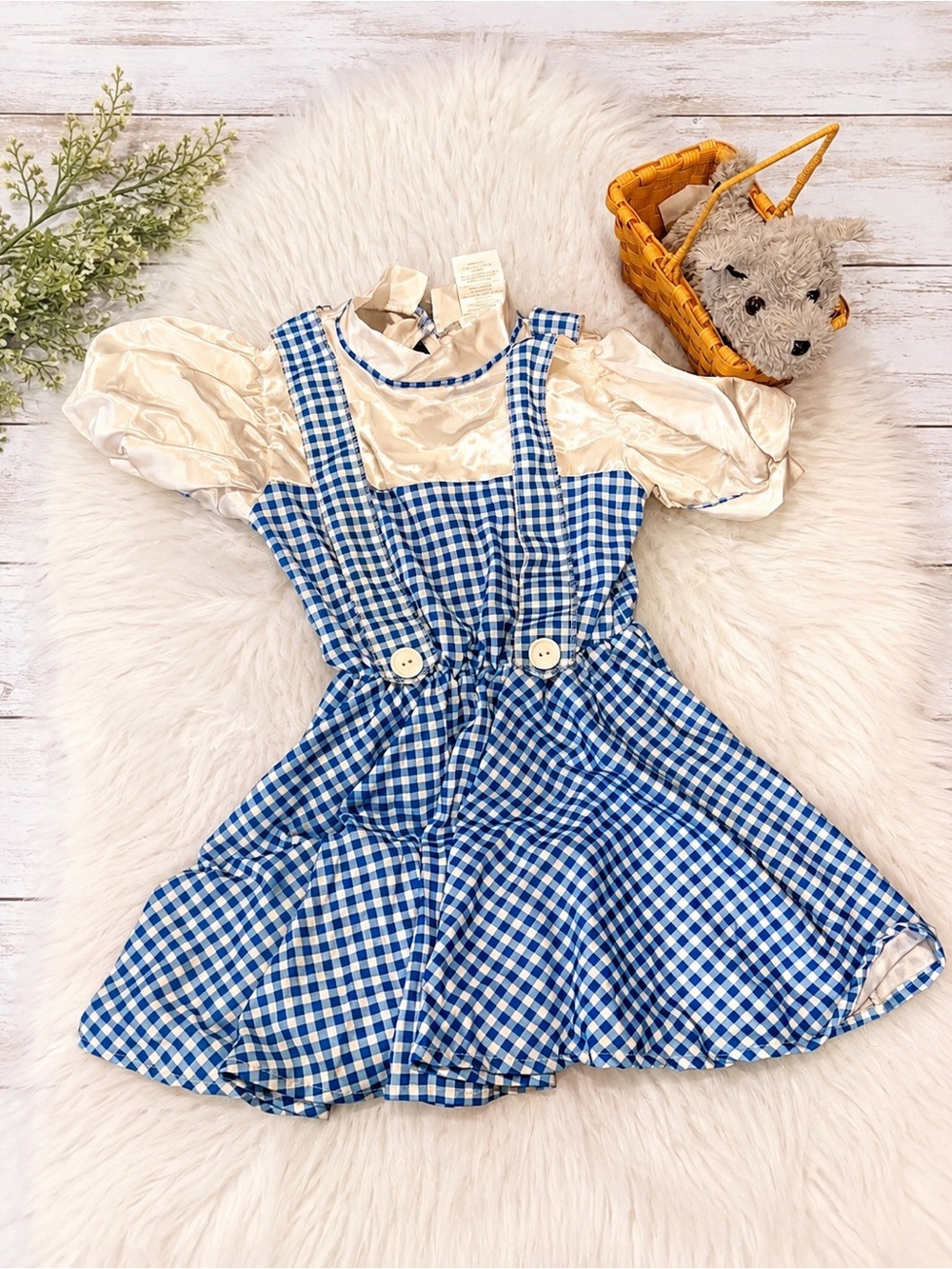 Blue Gingham Pinafore Dress with Cream Puff Sleeve Top - Kids